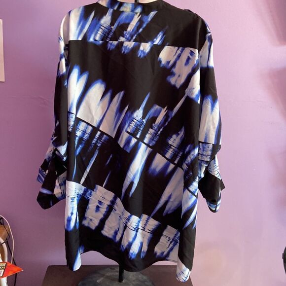 Calvin Klein Plus 1X Women's Blue/Black Button Front Blouse Office Chic - Picture 2 of 4